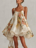 Blanche | Vestido Mini Trapecio de Organza Floral Beige con Bordes de Encaje