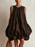 Colette | Mini Vestido Sin Mangas Marrón con Dobladillo Abullonado