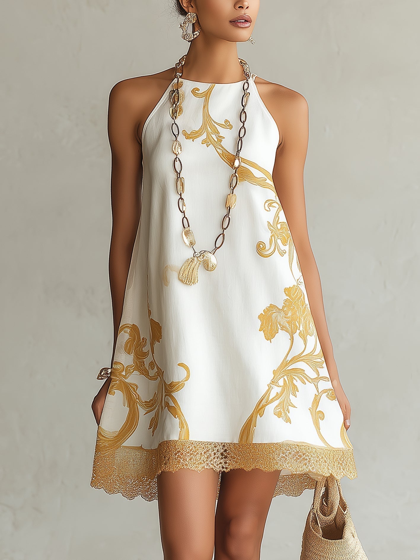 Héloïse | Vestido Mini de Encaje Blanco con Motivos Dorados