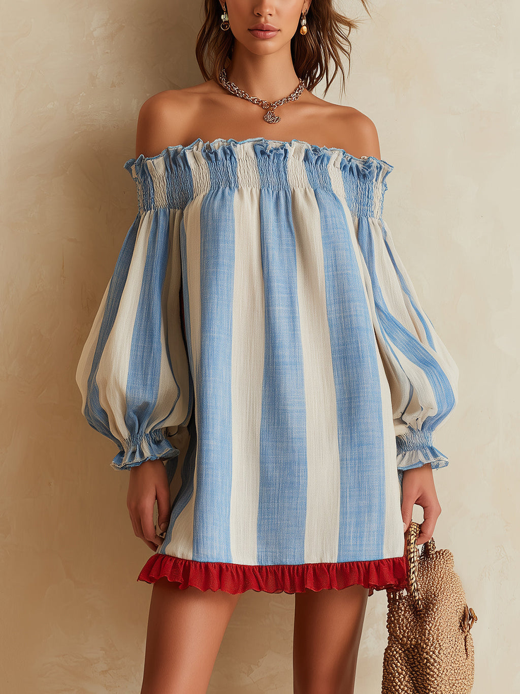 Ondine | Mini Vestido Rayado Azul y Blanco con Hombros Descubiertos y Dobladillo Contrastado