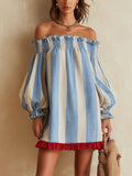 Ondine | Mini Vestido Rayado Azul y Blanco con Hombros Descubiertos y Dobladillo Contrastado