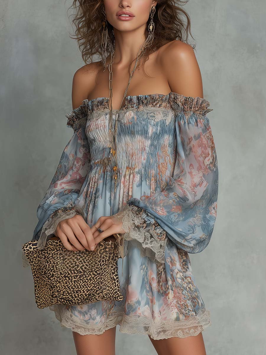 Romane | Vestido Mini de Muselina Fruncido con Hombros Descubiertos y Flores Románticas