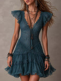 Delphine | Mini Vestido con Volantes de Encaje y Muselina Azul Retro