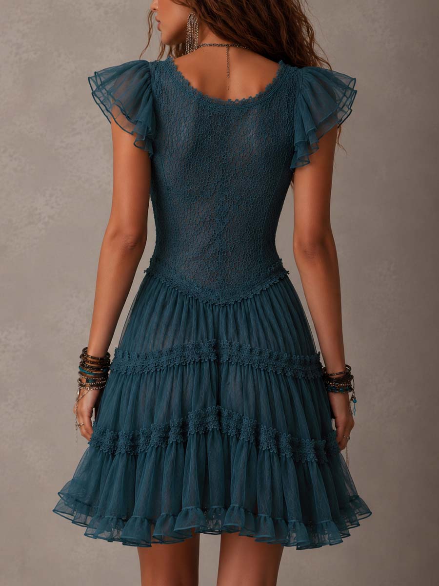 Delphine | Mini Vestido con Volantes de Encaje y Muselina Azul Retro