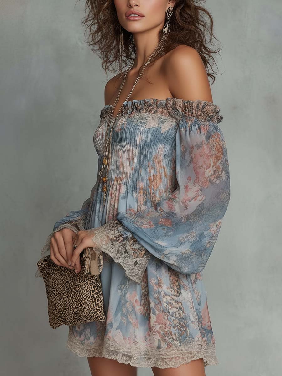 Romane | Vestido Mini de Muselina Fruncido con Hombros Descubiertos y Flores Románticas