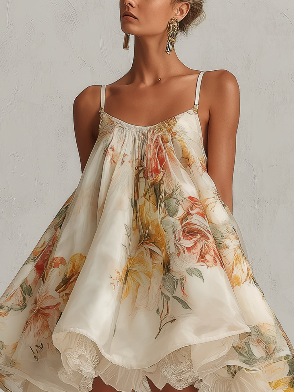 Blanche | Vestido Mini Trapecio de Organza Floral Beige con Bordes de Encaje