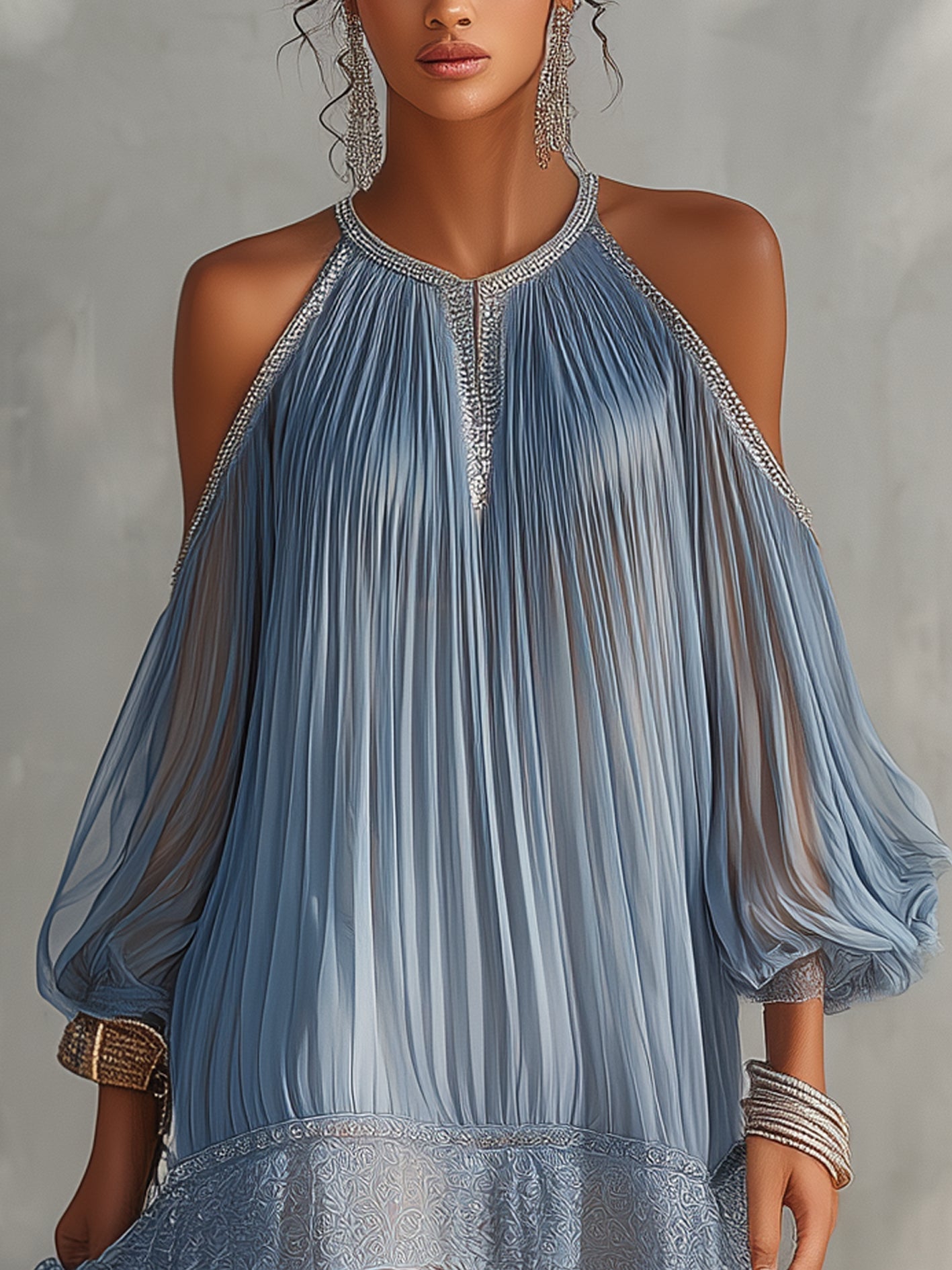 Séraphine | Vestido Mini Azul con Hombros Descubiertos Fruncido y Dobladillo de Encaje