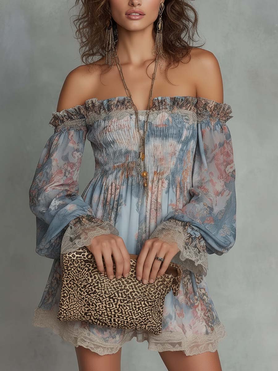 Romane | Vestido Mini de Muselina Fruncido con Hombros Descubiertos y Flores Románticas