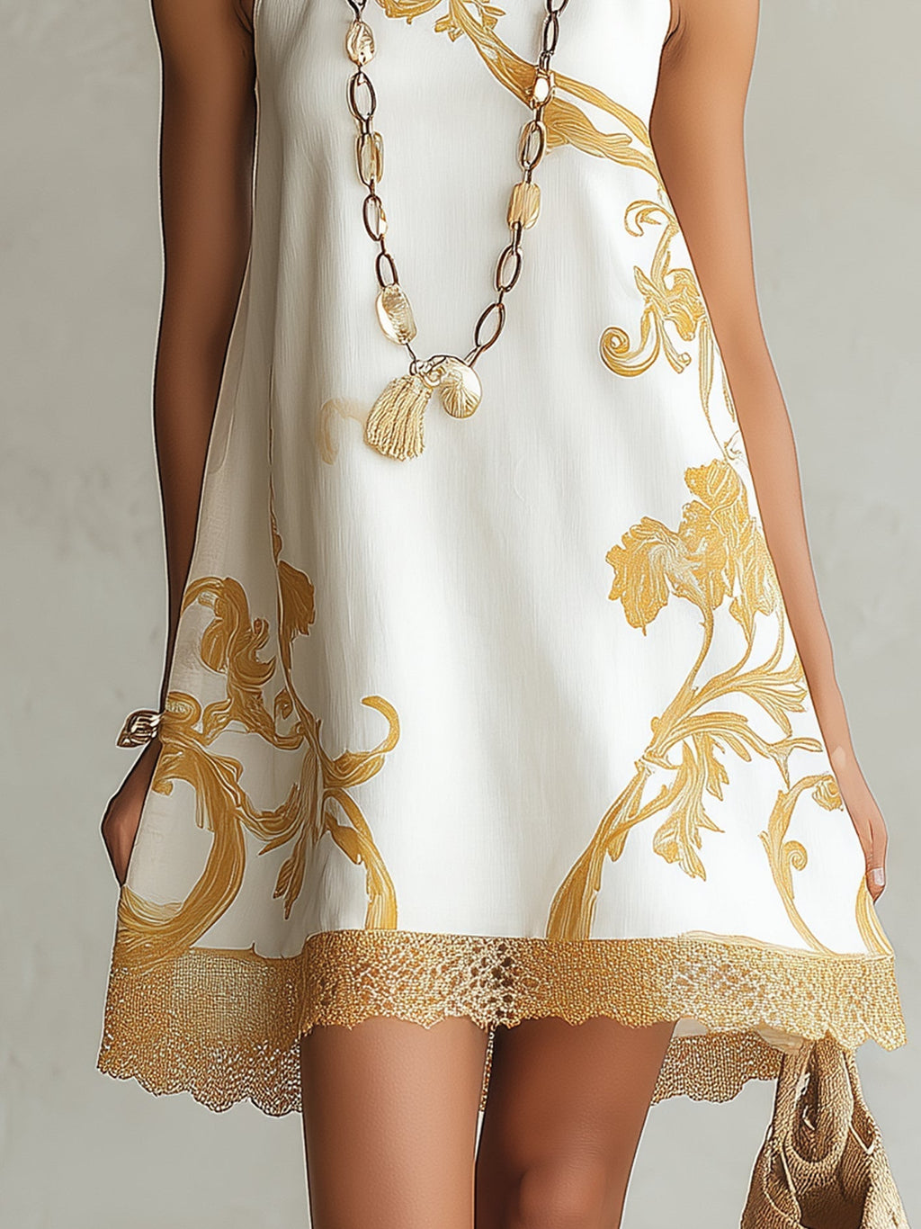 Héloïse | Vestido Mini de Encaje Blanco con Motivos Dorados
