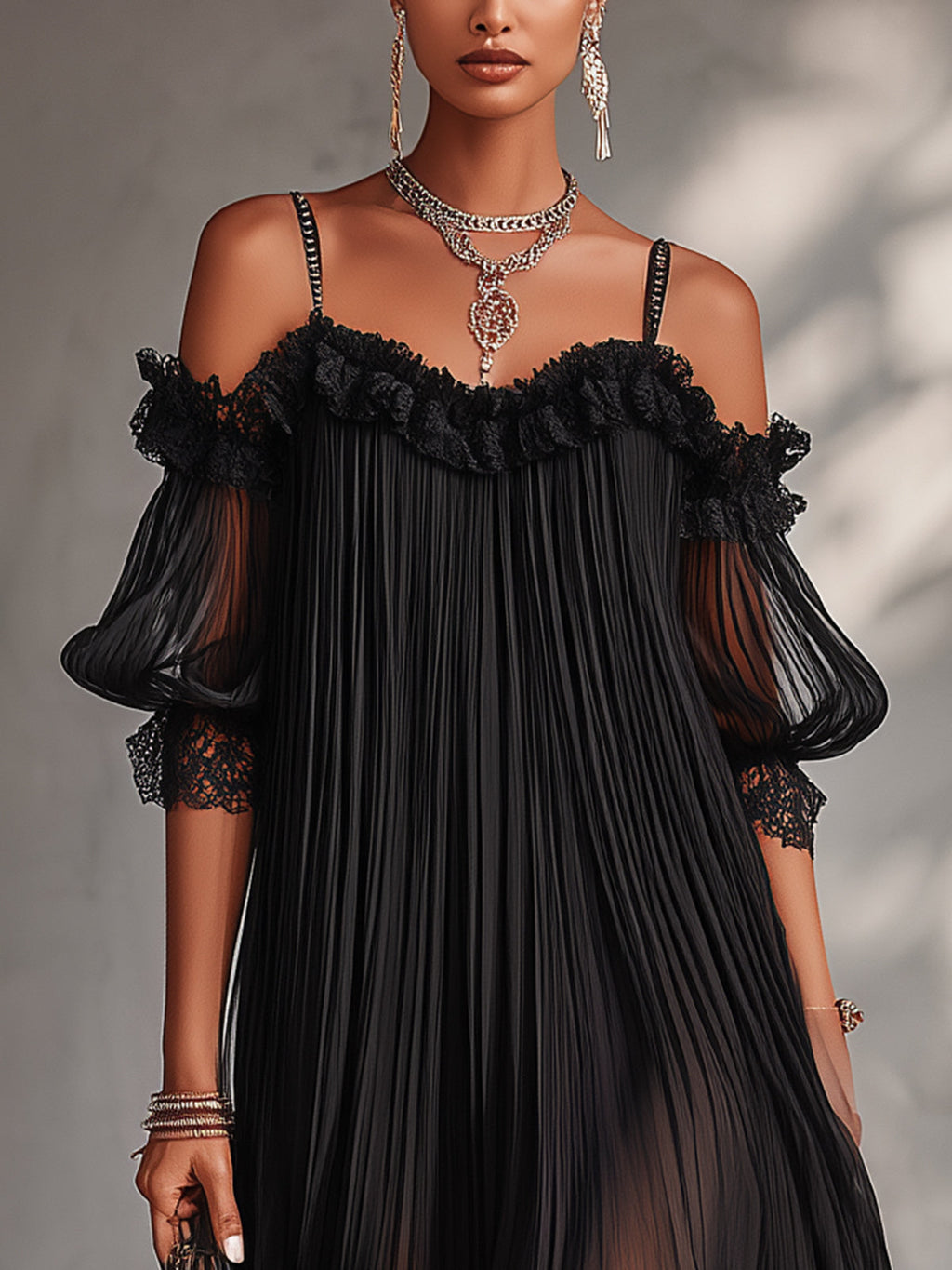 Camille | Vestido Mini de Muselina Negra con Hombros Descubiertos y Bordes de Encaje