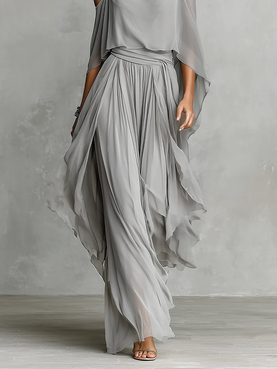 Isabella - Set composto da canotta fluida grigia con spalle scoperte e pantaloni in chiffon