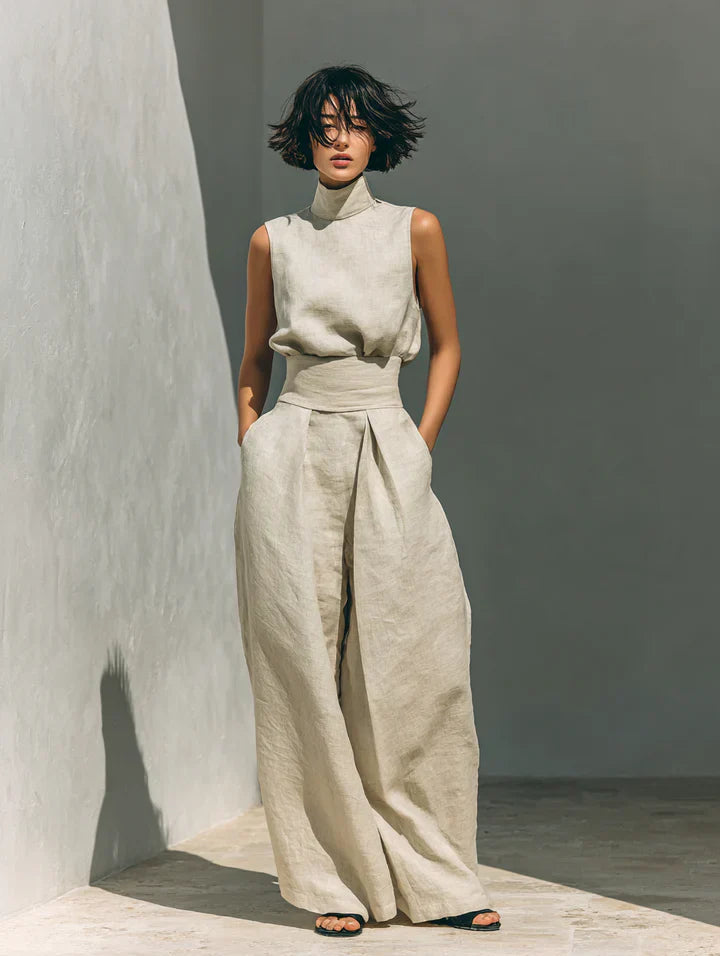 Flor™ | Completo minimalista di top senza maniche e pantaloni a gamba larga in cotone e lino per donna