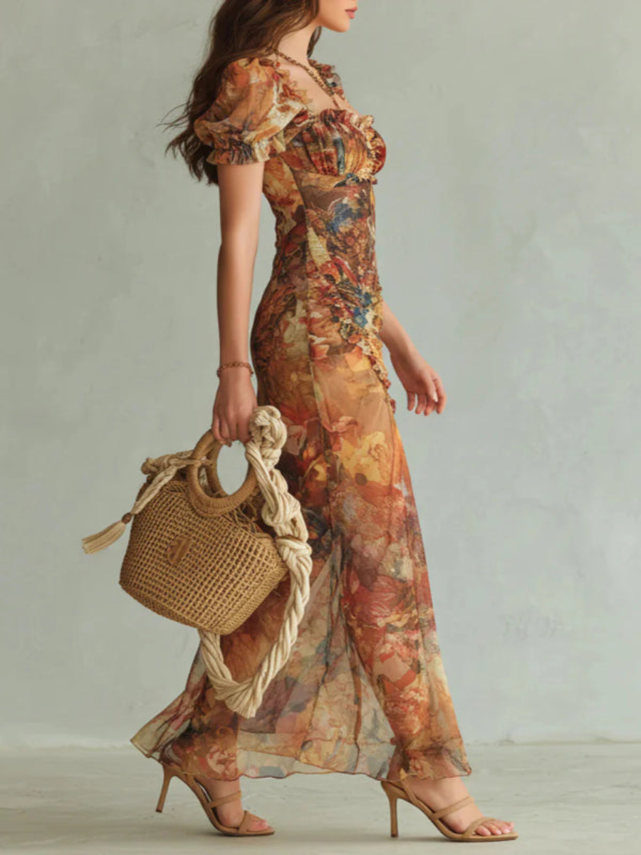 Abito Maxi Elegante con Scollo Quadrato, Maniche Corte e Righe Floreali