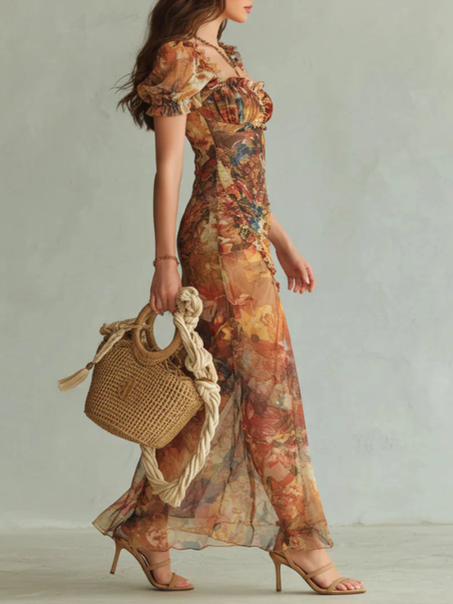 Abito Maxi Elegante con Scollo Quadrato, Maniche Corte e Righe Floreali