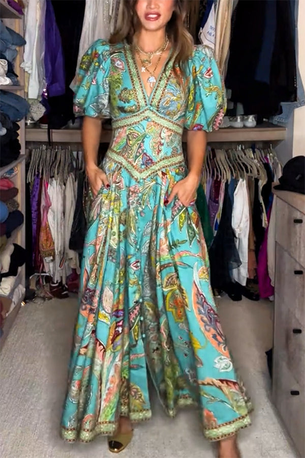 Elizabeth™ | Vestido maxi ligero con mangas abullonadas y escote en V
