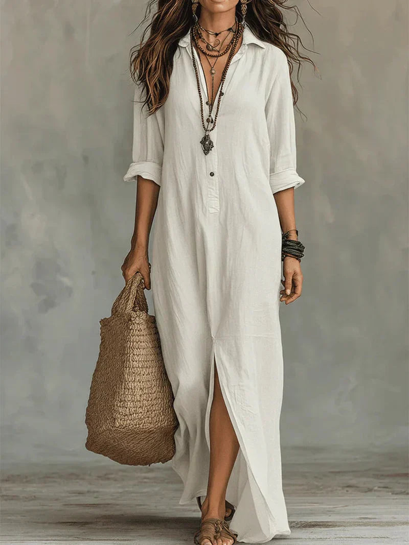 Selena™ | Abito Maxi Nero Lungo con Bottoni