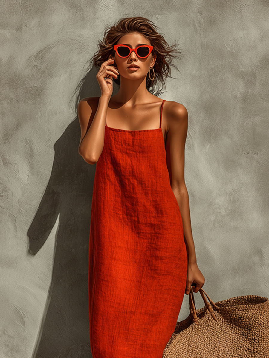 Abito da donna in cotone rosso con spalline sottili e scollo quadrato, un intramontabile modello in stile boho-resort