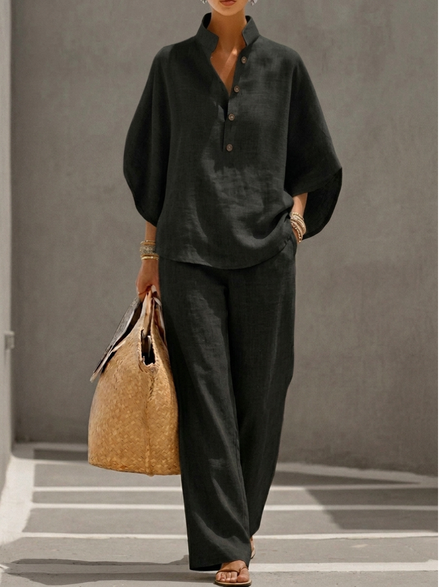Maribel™ | Completo in lino con maniche a pipistrello e pantaloni larghi