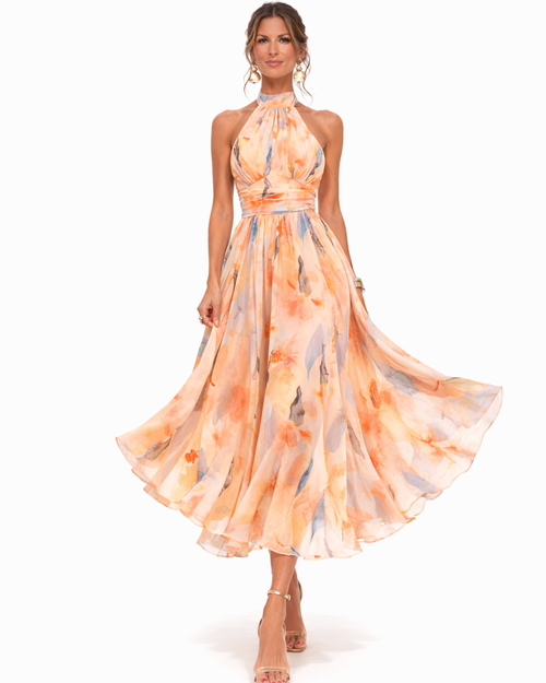 Aurora | Vestido de primavera, con cuello americano y estampado de acuarela