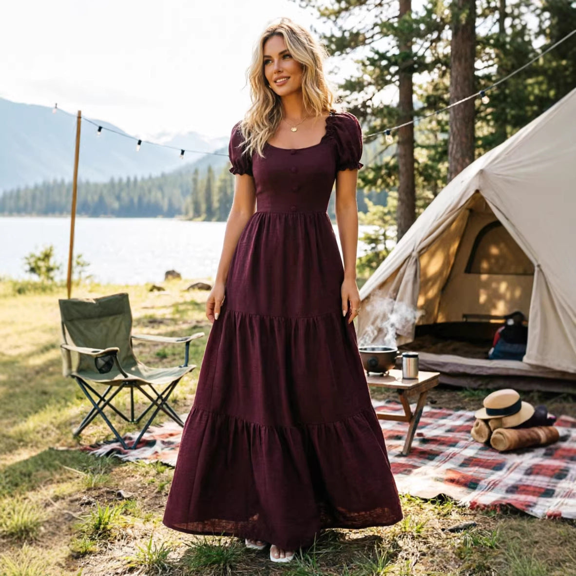 Abito Maxi a Maniche Corte in Stile Resort per Donna