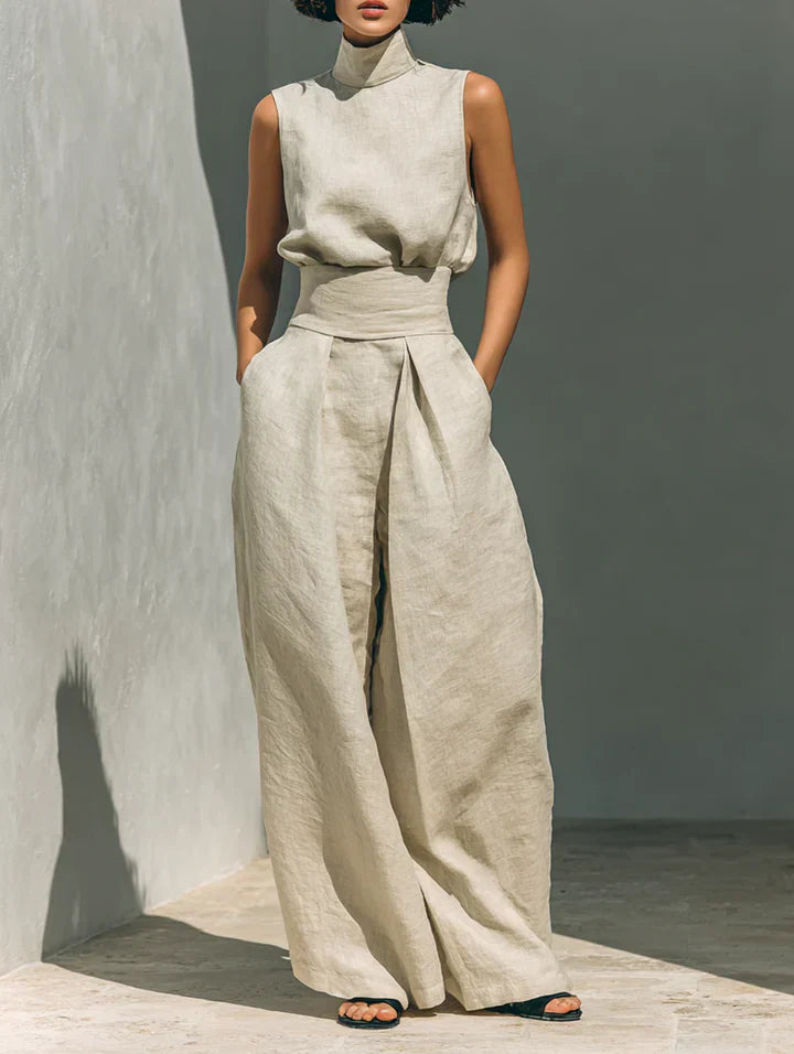 Flor™ | Completo minimalista di top senza maniche e pantaloni a gamba larga in cotone e lino per donna