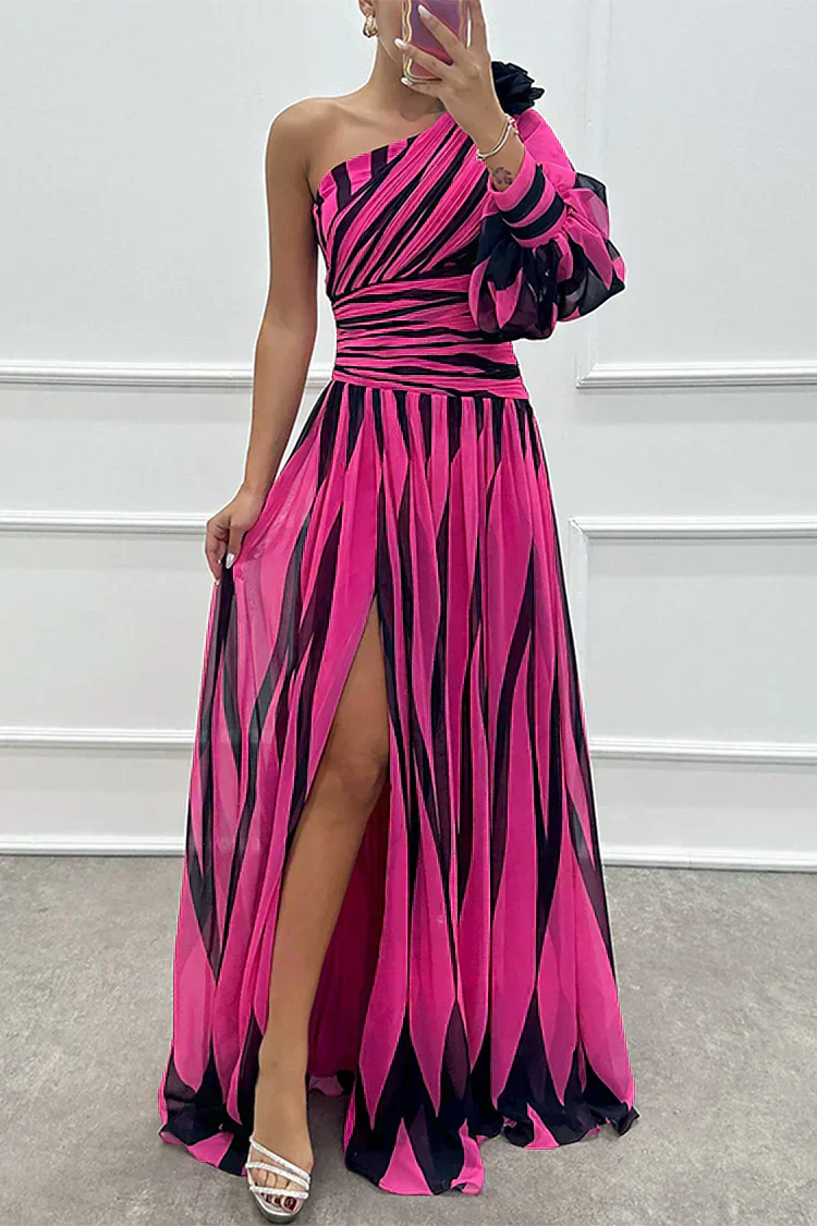Hazel™ | Abito Maxi Elegante a Righe con Spalla Scoperta