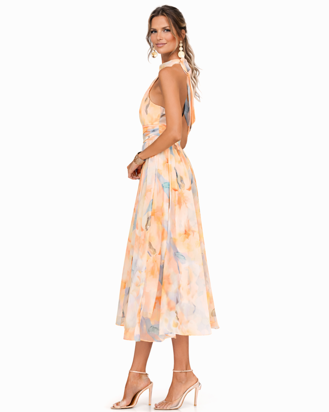 Aurora | Vestido de primavera, con cuello americano y estampado de acuarela