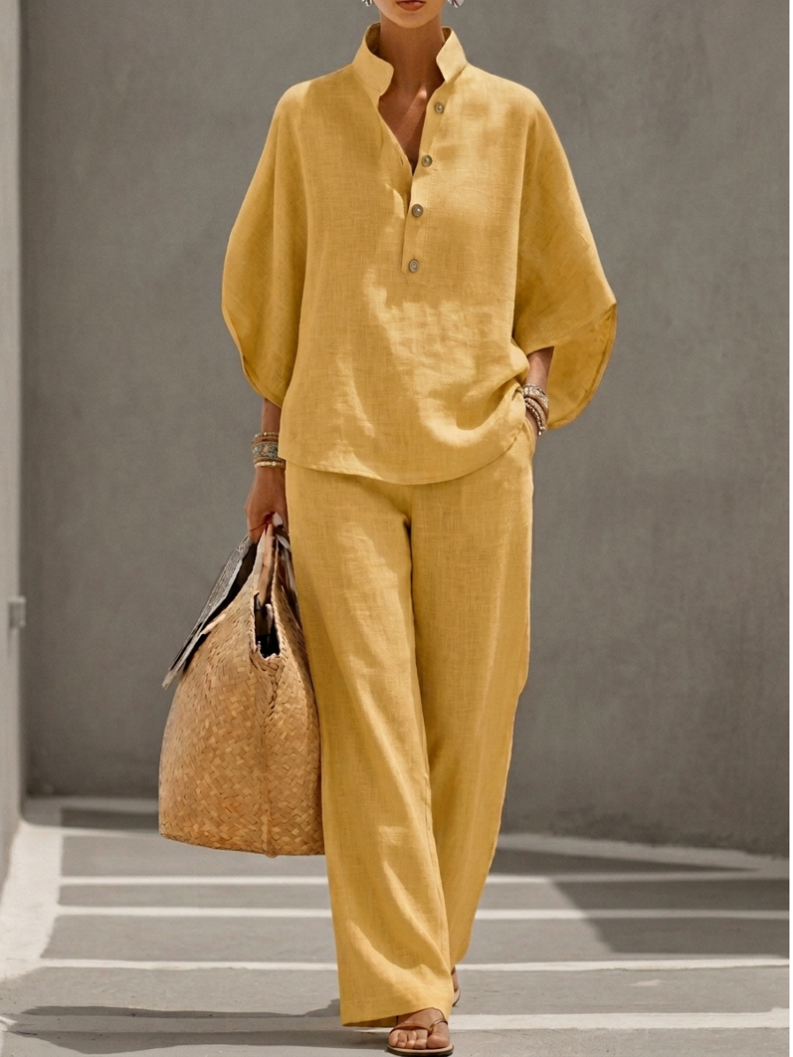 Maribel™ | Completo in lino con maniche a pipistrello e pantaloni larghi