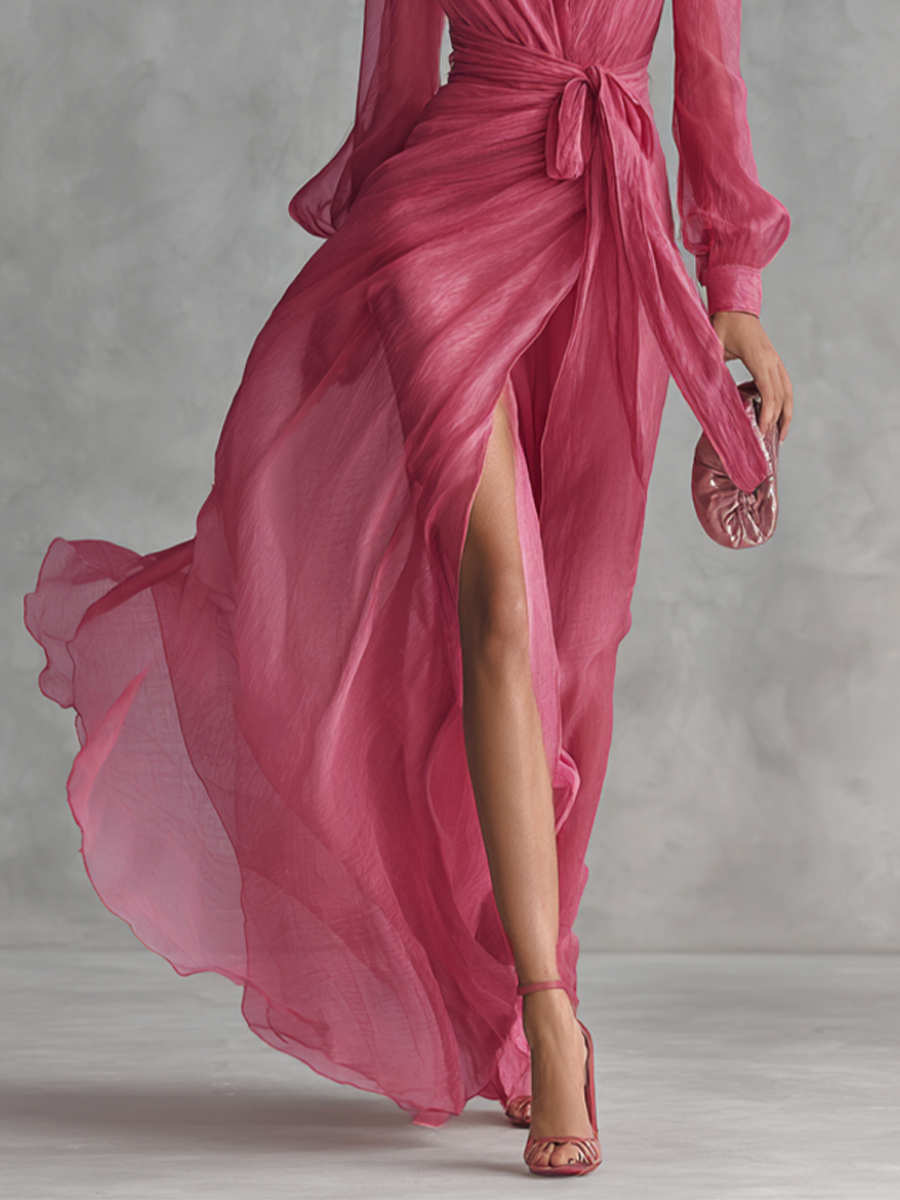 Abito lungo da donna elegante in chiffon rosa perla con scollo a V e cintura in vita