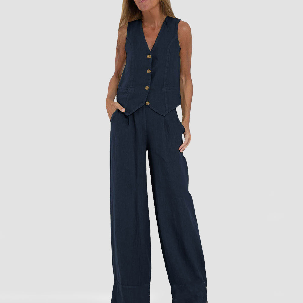 Top estivo senza maniche e pantaloni dritti larghi