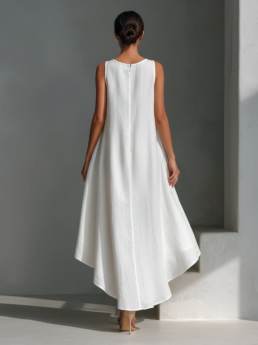 Vestido midi blanco de lino sin mangas para mujer con cuello redondo y bajo asimétrico