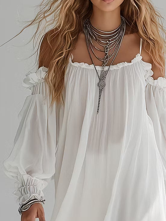 Mélusine | Vestido Mini Fluido Estilo Bohemio con Hombros Descubiertos