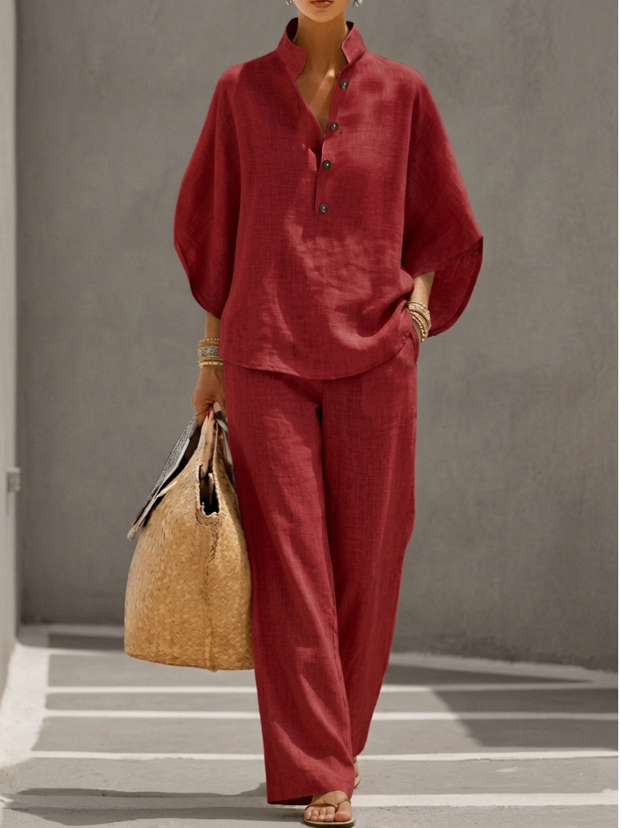 Maribel™ | Completo in lino con maniche a pipistrello e pantaloni larghi