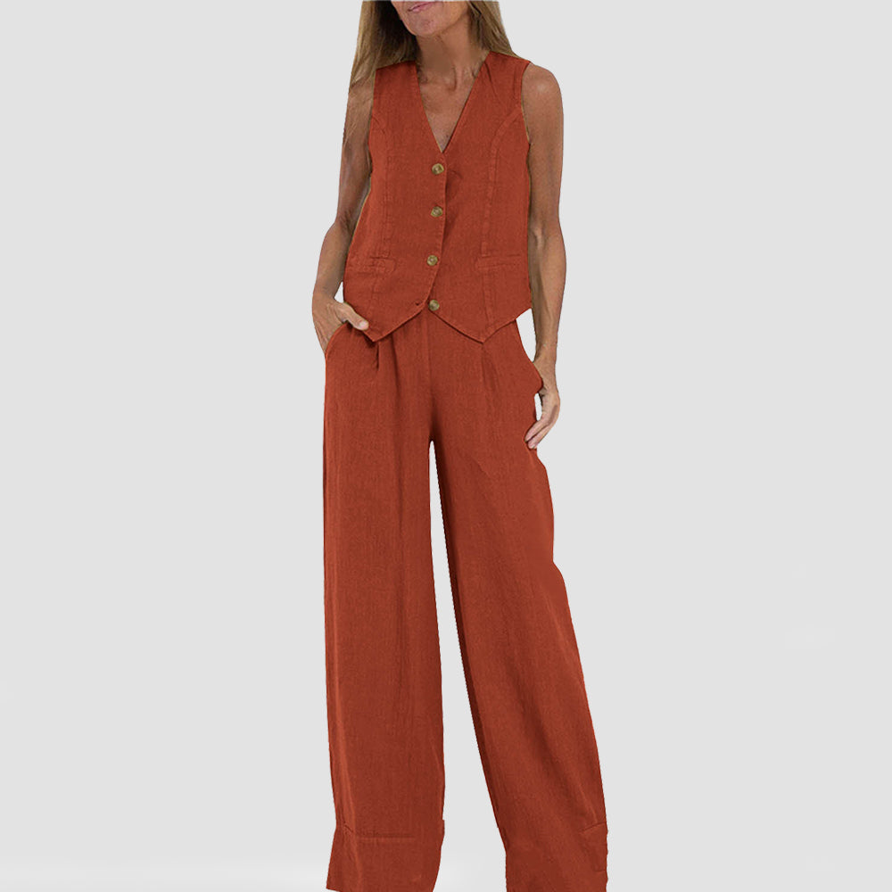 Top estivo senza maniche e pantaloni dritti larghi
