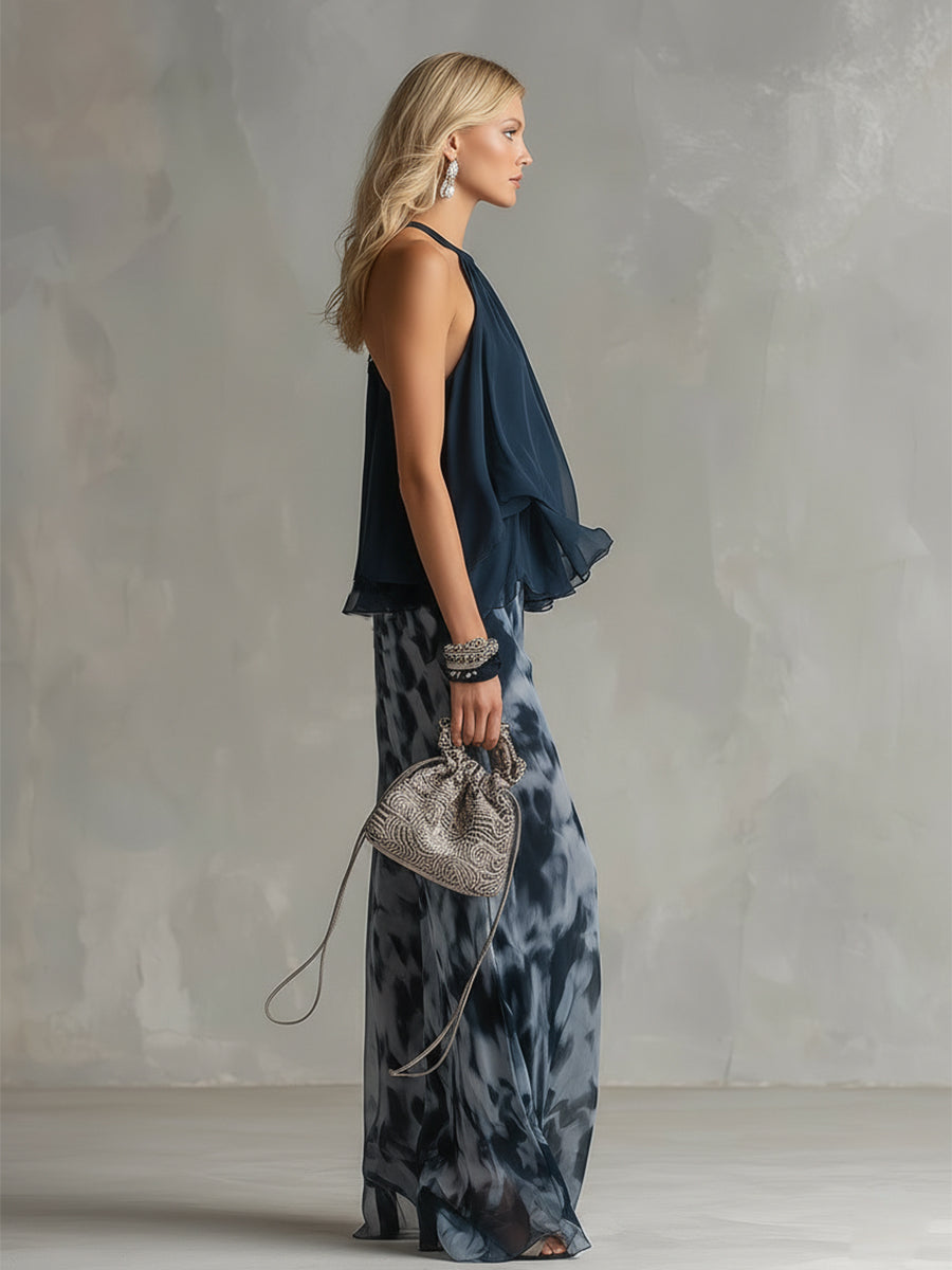 Ludovica - elegante in chiffon con top a collo alto e pantaloni larghi stampati