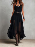 Abito Maxi Stretchy Nero Boho Western con Gonna Trasparente