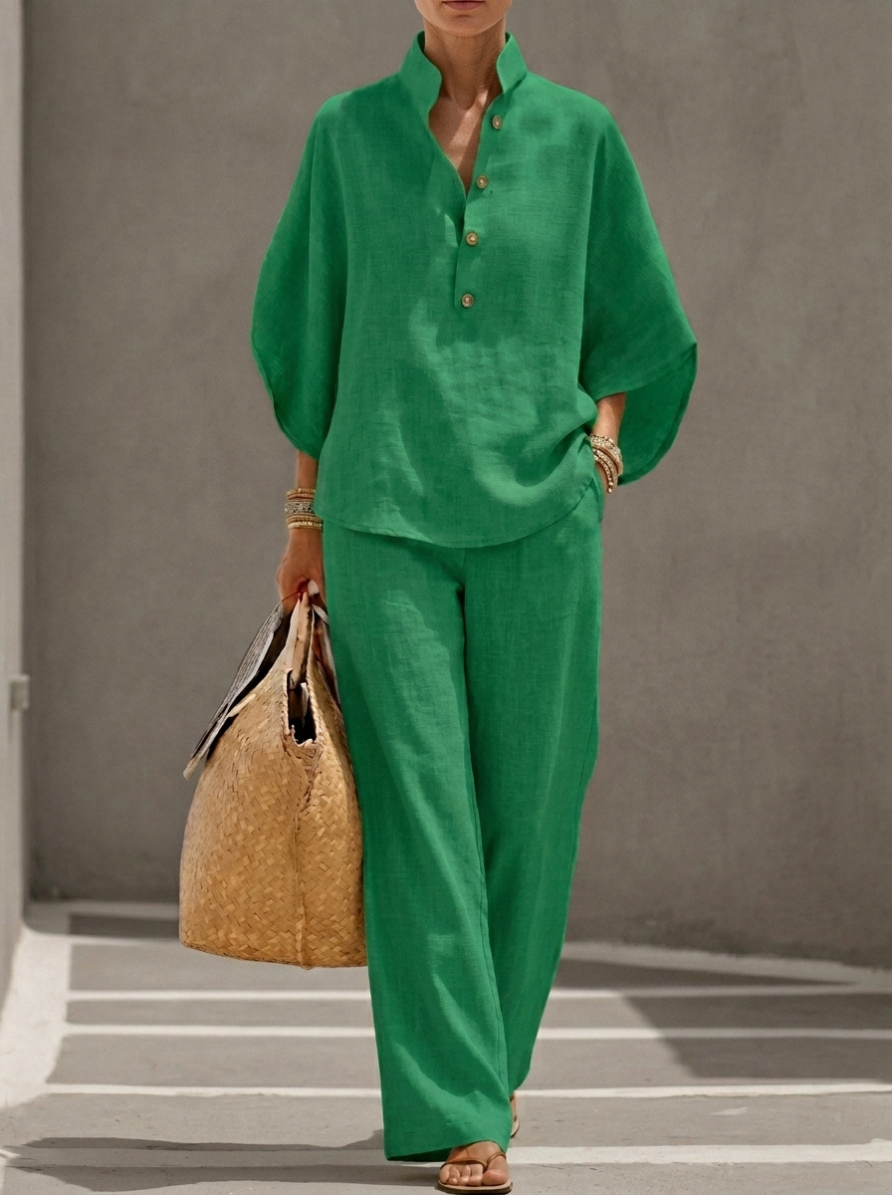 Maribel™ | Completo in lino con maniche a pipistrello e pantaloni larghi