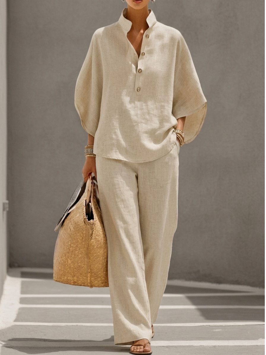 Maribel™ | Completo in lino con maniche a pipistrello e pantaloni larghi