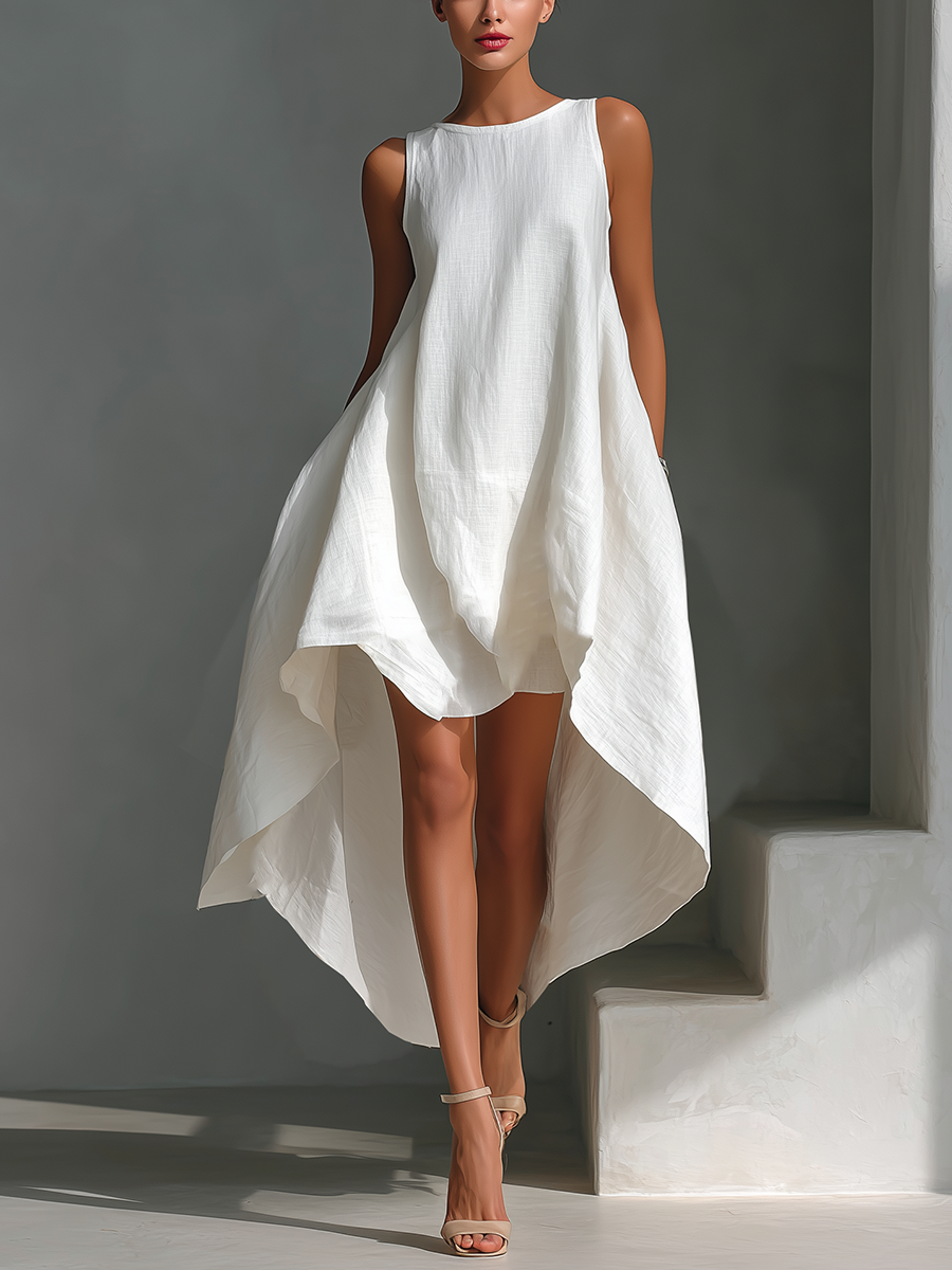 Vestido midi blanco de lino sin mangas para mujer con cuello redondo y bajo asimétrico