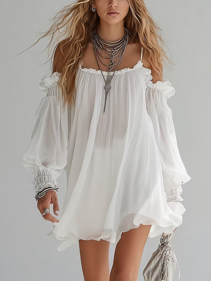 Mélusine | Vestido Mini Fluido Estilo Bohemio con Hombros Descubiertos