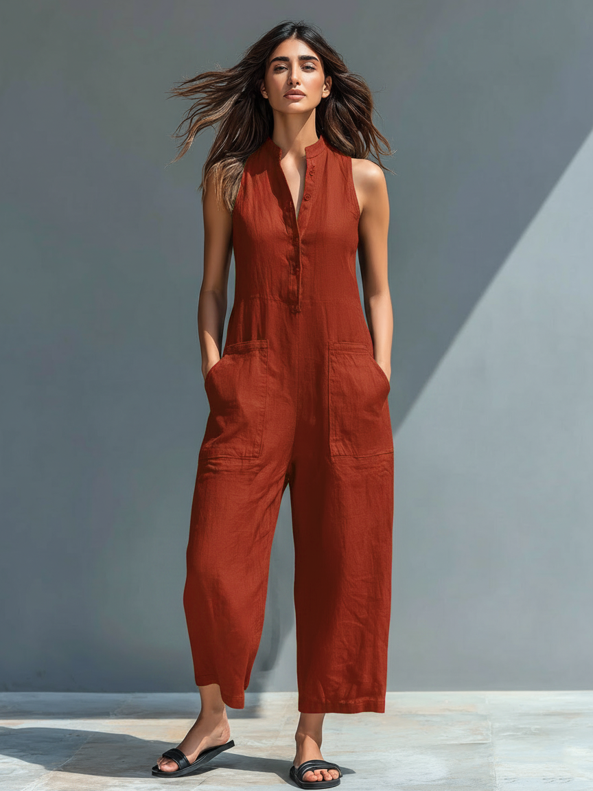 Salopette senza maniche in misto lino minimalista con colletto alto e bottoni per donna