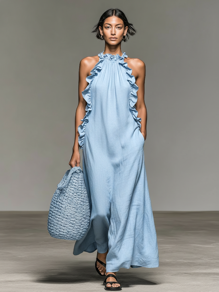 Abito Maxi Senza Maniche in Lino Minimalista da Donna con Rouches
