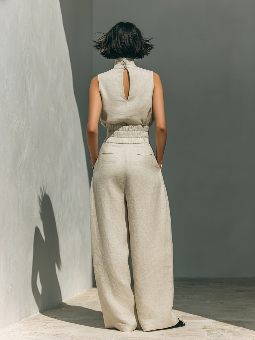 Maria | Conjunto minimalista de top de algodón y lino y pantalón de pierna ancha para mujer