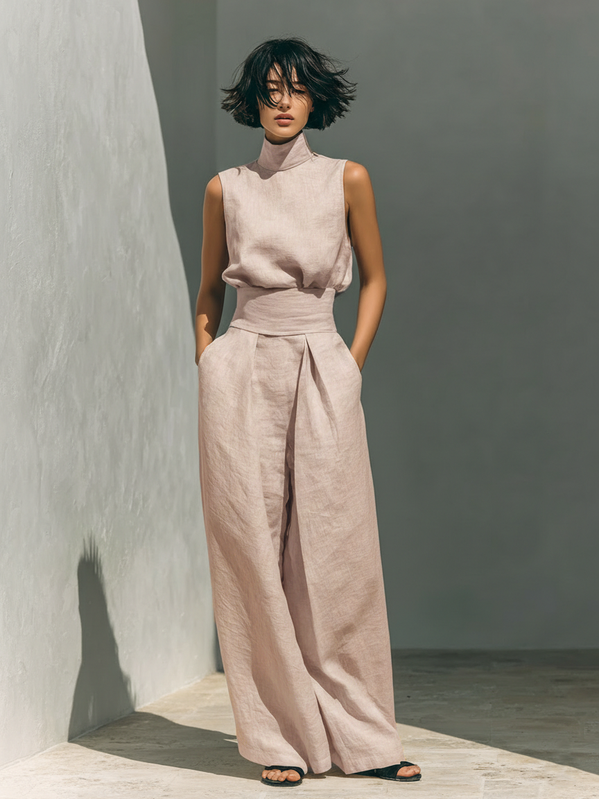 Maria | Conjunto minimalista de top de algodón y lino y pantalón de pierna ancha para mujer