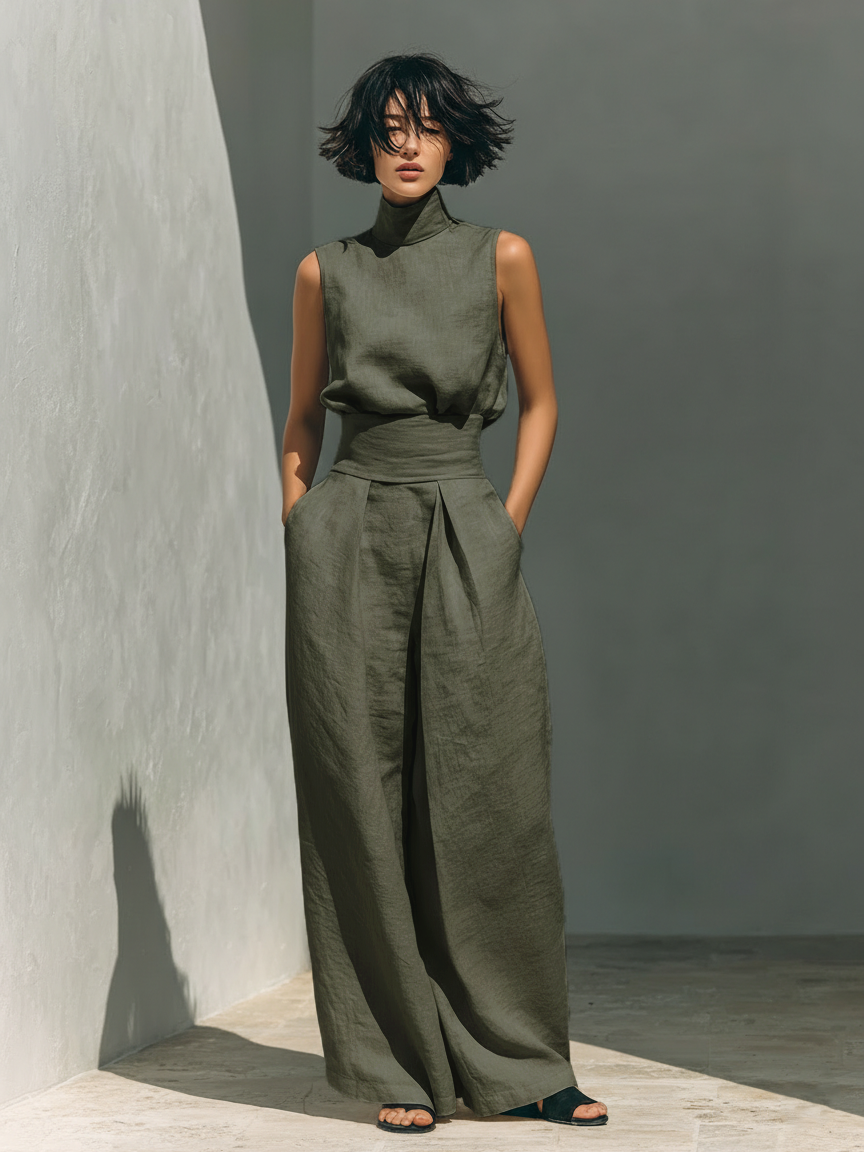 Maria | Conjunto minimalista de top de algodón y lino y pantalón de pierna ancha para mujer