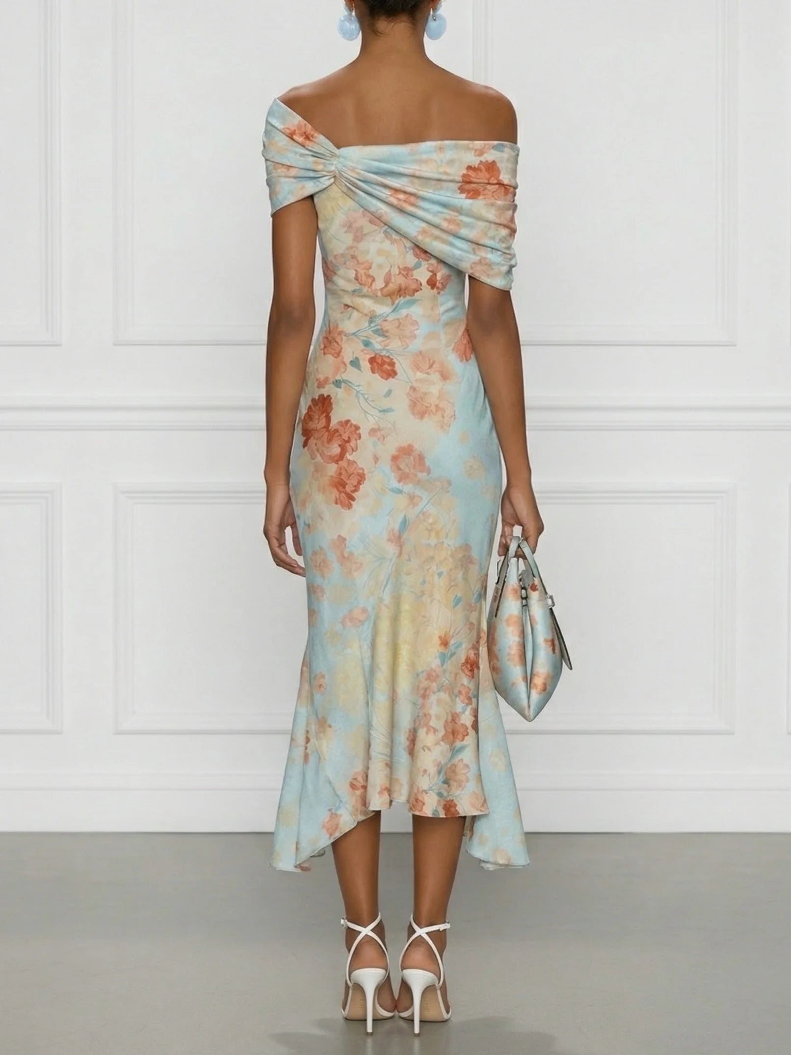 Vittoria - Vestito Midi Sirena Senza Maniche con Spalle Scoperte e Fantasia Floreale Blu