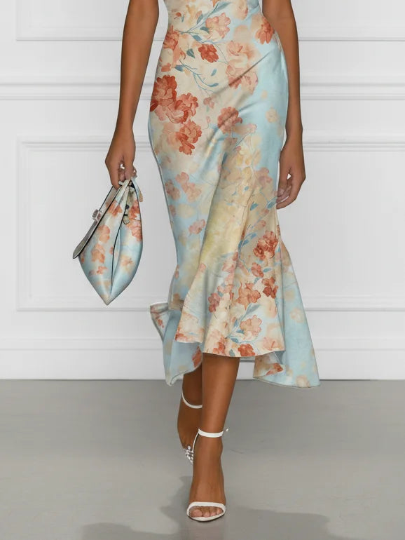 Vittoria - Vestito Midi Sirena Senza Maniche con Spalle Scoperte e Fantasia Floreale Blu