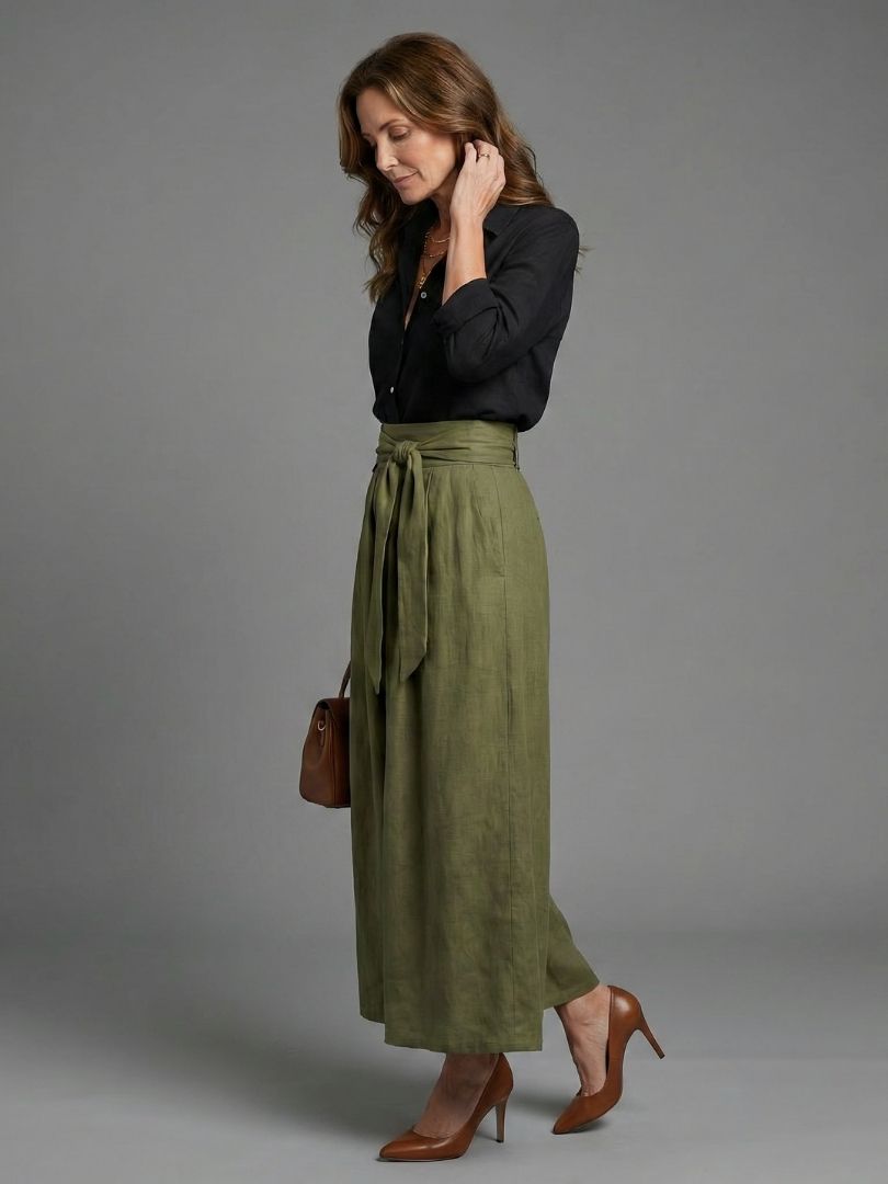 Vera | Completo Due Pezzi Blusa Nera Gonna Midi Verde Oliva