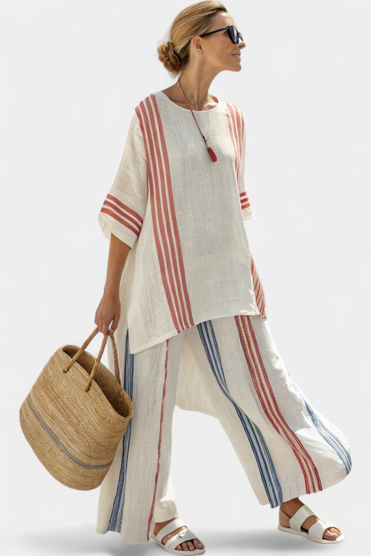 Solvane | Top Striato Multicolore Sofisticato & Pantaloni Mediterranei