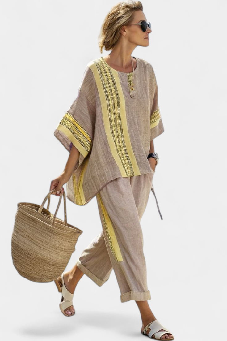 Elowric | Elegante Top Lavanda & Pantaloni a Righe Senape